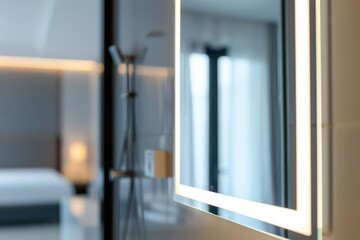 Detailed view of a smart mirror providing personalized hotel services, with ample copy space