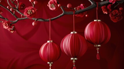 The image features three red Chinese lanterns hanging from a branch adorned with red flowers, set against a red background, invoking the spirit of Chinese New Year and the Year of the Dragon.