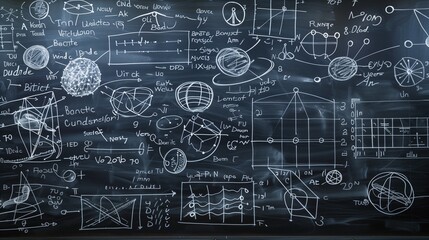 Operations and formulas of quantum physics handwritten with a chalk on the blackboard
