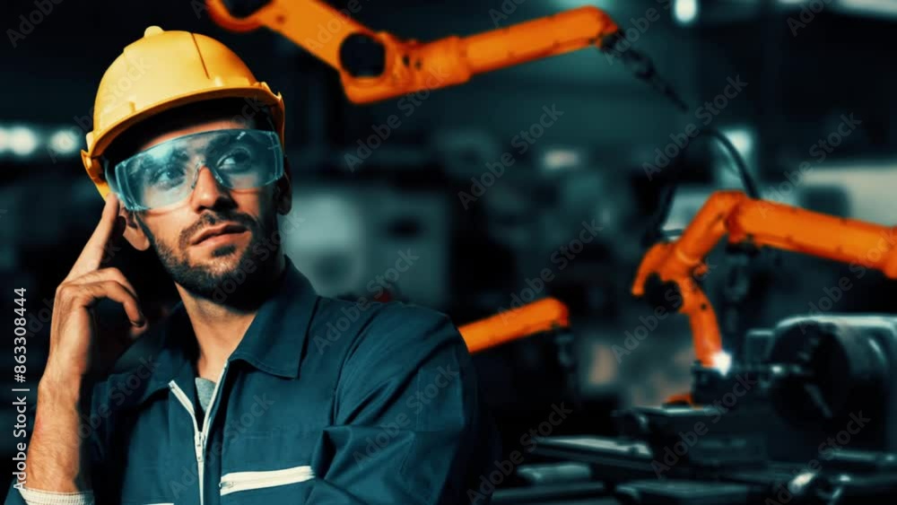Poster mlp engineer use cybernated robotic software to control industry robot arm in factory. automation ma