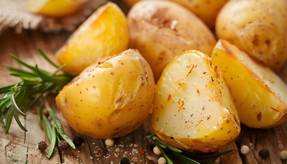 Roasted potatoes. Baked potato wedges in frying pan on dark stone background.
