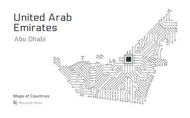 White vector map of United Arab Emirates created from a microchip pattern, with the capital Abu Dhabi depicted as a microchip