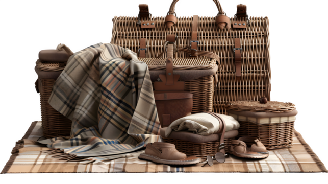 Picnic enthusiasts setup with picnic basket and blanket, PNG file, transparent background, isolated on white