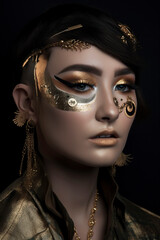 Portrait of a woman with intricate gold makeup and accessories. Studio fashion photography with black background. Futuristic and avant-garde style concept