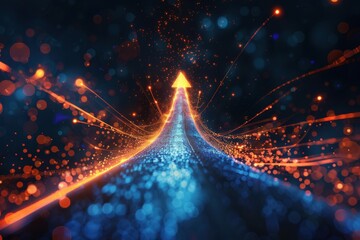 An arrow pointing upwards, surrounded light trails and energy particles on a dark background, symbolizing growth or progress in business or personal life Generative AI