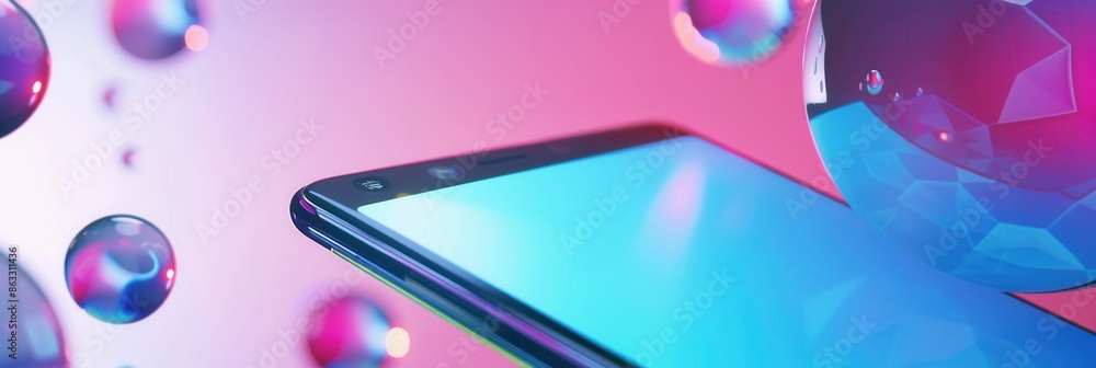 Poster a modern smartphone with a vibrant blue screen displaying video streaming content against a pink and