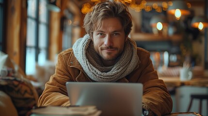Fototapeta premium Man Working on Laptop in Cozy Cafe Setting