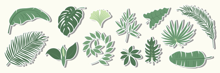 Hand drawn green tropical leaves stickers. Abstract cute sticker pack. Botanical exotic summer collection. Palm tree, banana leaf, monstera. Design element for scrapbook