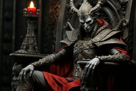 A demon lord with grey skin, black horns, and red eyes is sitting on a throne. He is wearing black and grey armor with a red cloak and has a serious expression on his face