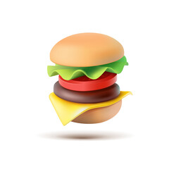 Hamburger, cheeseburger, burger, 3D. Realistic tasty cheeseburger for tasty fast food, fast food design icon. Vector