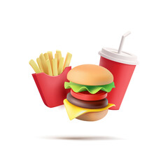 3D cheeseburger, french fries, and soda in a red package. For fast and tasty food design concepts in cafes and restaurants. Vector