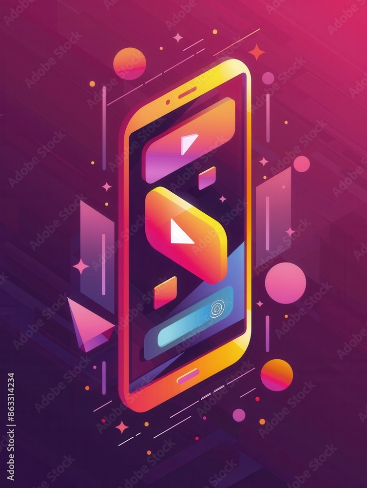 Aufkleber A smartphone displaying a video streaming interface with bright colors and a dynamic background. Ideal for video bloggers and streaming services. Generative AI