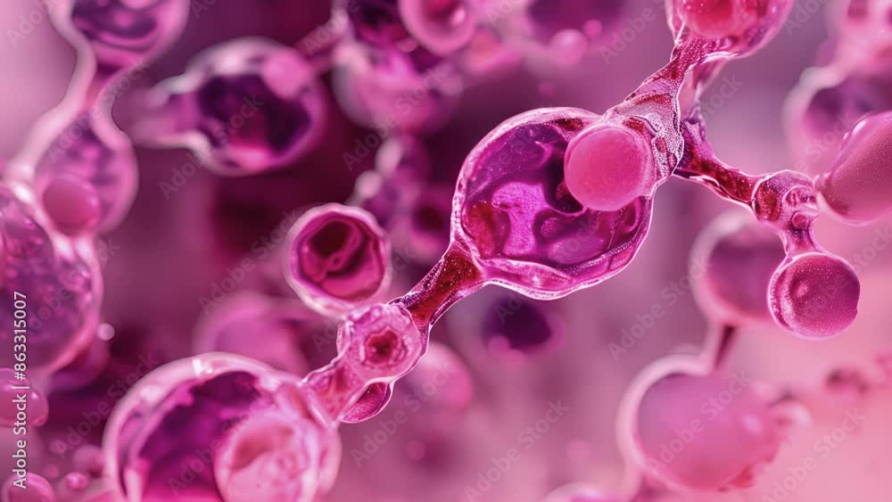 Poster a high magnification animation shows the intricate structure of a single hemoglobin molecule with it