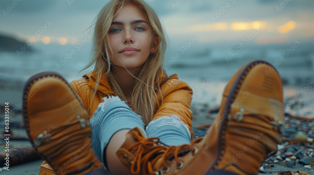 Wall mural glamourous portrait of the young beautiful woman in leather boots on the bank of a beach