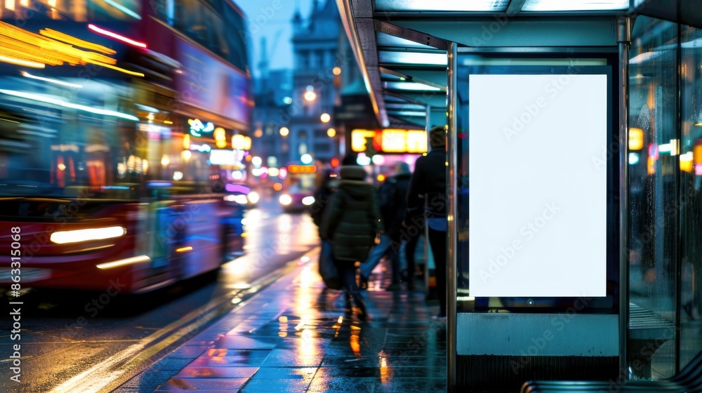 Wall mural a bus stop at night with a large blank billboard