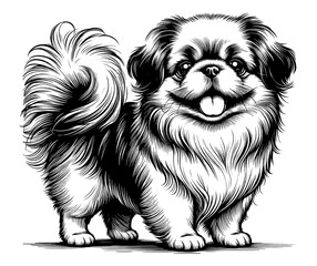 Hand drawn Cute Pekingese in full-body, vector sketch isolated on white background.	
