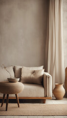 Warm neutral wabi-sabi style interior blank mockup with low sofa jute rug ceramic jug side table