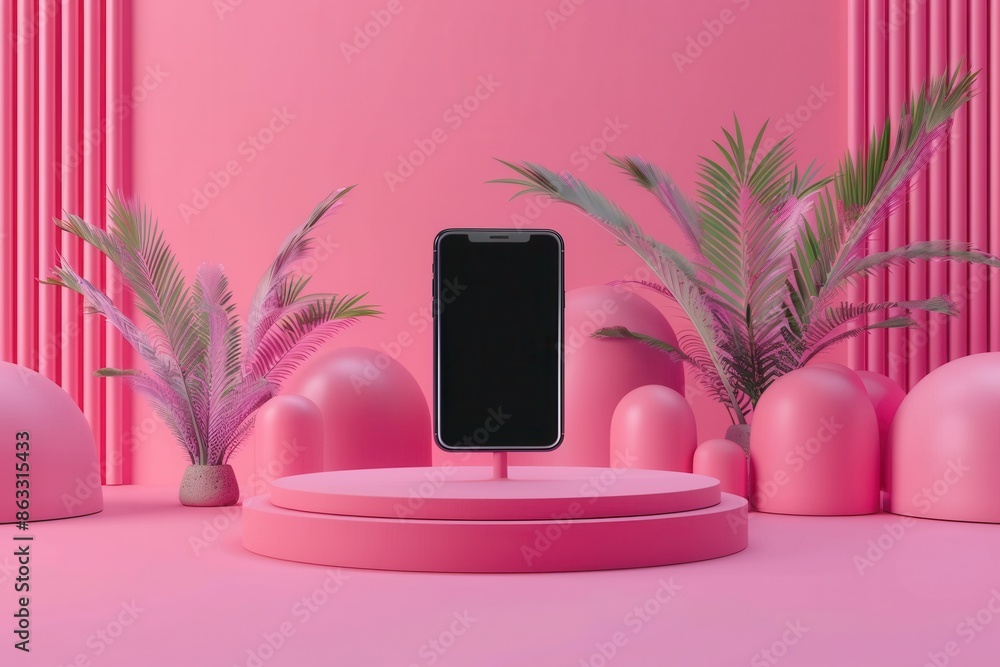 Poster smartphone on black screen on pink podium in studio with green plants. ideal for video bloggers and 
