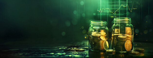 Fototapeta premium Two glass jars filled with coins and time, with digital charts floating above them on the background of an abstract dark green gradient background with black shadows