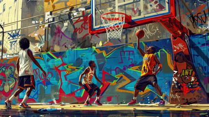 Young black boys playing street basketball, walls covered with graffiti, cartoon style