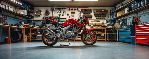 A pristine red sportbike stands prominently in a well-organized garage with tools and equipment