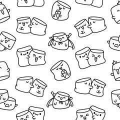Kawaii marshmallow cute face character. Seamless pattern. Coloring Page. Cartoon happy food. Hand drawn style. Vector drawing. Design ornaments.