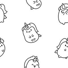Cute kawaii unicorn. Seamless pattern. Coloring Page. Fairy tale cartoon happy pony characters. Hand drawn style. Vector drawing. Design ornaments.