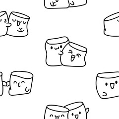 Kawaii marshmallow cute face character. Seamless pattern. Coloring Page. Cartoon happy food. Hand drawn style. Vector drawing. Design ornaments.