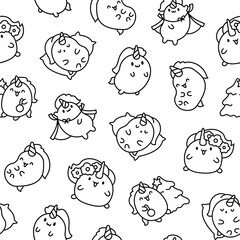 Cute kawaii unicorn. Seamless pattern. Coloring Page. Fairy tale cartoon happy pony characters. Hand drawn style. Vector drawing. Design ornaments.
