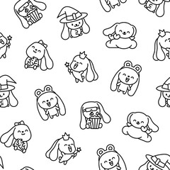 Obraz premium Cute kawaii bunny. Seamless pattern. Coloring Page. Cartoon little rabbit characters. Hand drawn style. Vector drawing. Design ornaments.