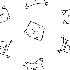 Kawaii cute sleeping smiling pillow. Seamless pattern. Coloring Page. Cartoon character. Hand drawn style. Vector drawing. Design ornaments.