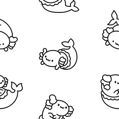 Cute kawaii axolotl mermaid. Seamless pattern. Coloring Page. Cartoon fantasy animal characters. Hand drawn style. Vector drawing. Design ornaments.