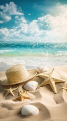 Beach scene with straw hat, starfish, and seashells on sand