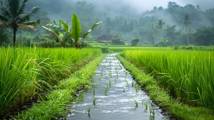 Fototapeta premium Rice Field Appears Lovely in the Rainy Season