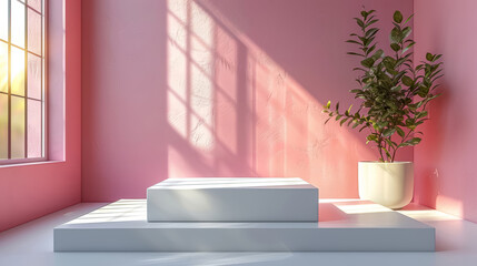 Modern minimalistic room with pink walls and a podium filled with sunlight, concept of minimalism