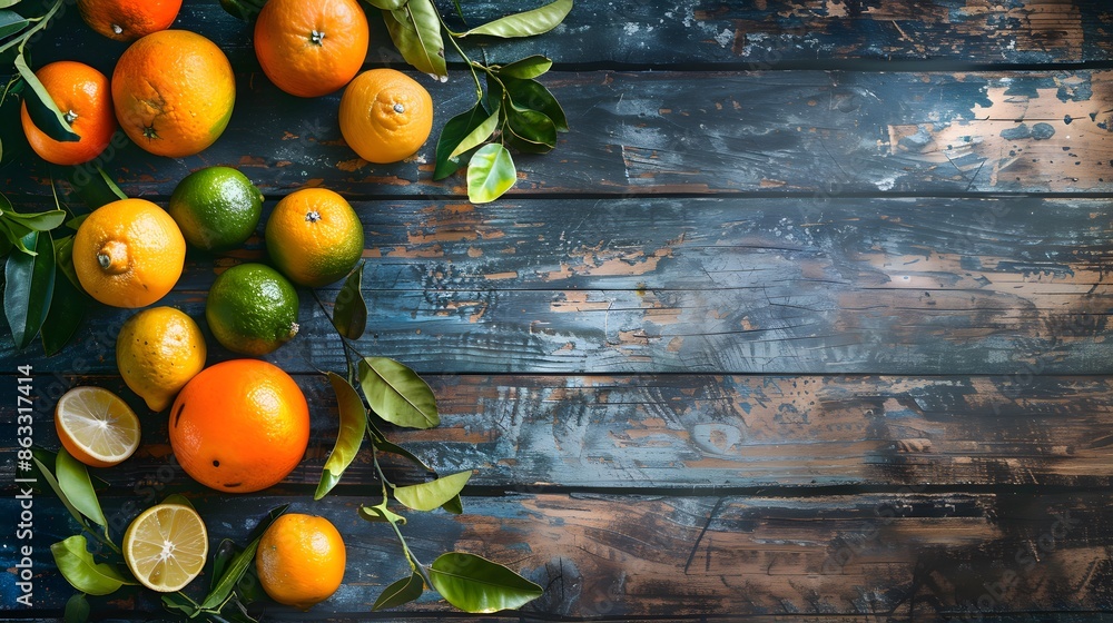 Wall mural orange fruit on wood background