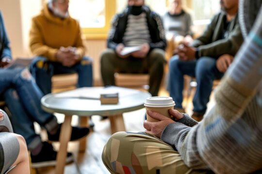 A person holds a cup of coffee during a support group meeting, with other members blurred in the background
