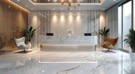 Modern Marble Hotel Lobby With Gold Accents and Plants