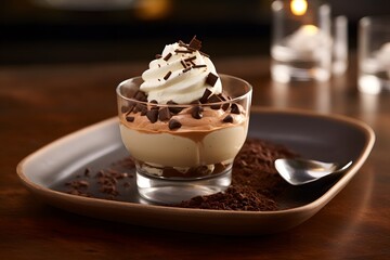 Chocolate tiramisu pudding with whipped cream.