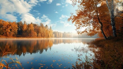 Fototapeta premium beautiful fairytale landscape in autumn with a large lake and forested area