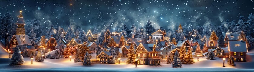 Christmas village with houses and trees on dark background Christmas town in winter night High quality photo, 3d render