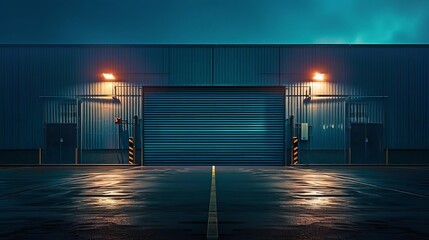front view of an industrial hangar door at night
