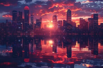 Fototapeta premium Futuristic Smart City Skyline at Sunset