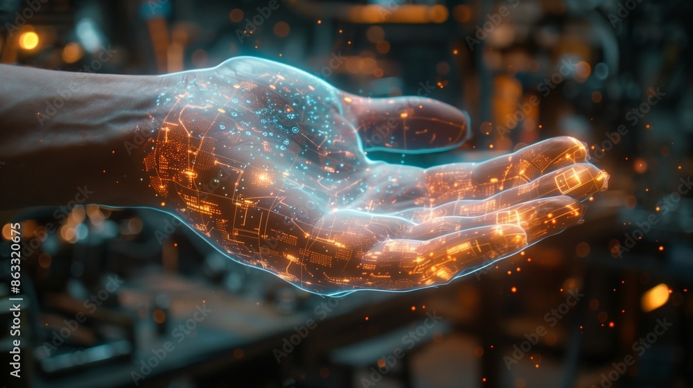 Poster a futuristic hand with glowing circuitry reaching out in a technological setting