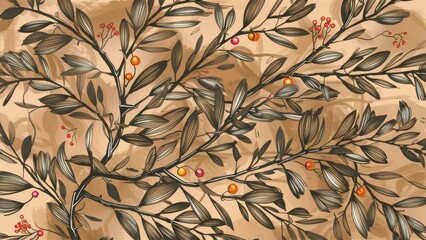 A pattern of a tree with berries and leaves on it, AI