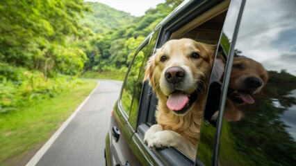 A dog sticking its head out of a car window on the road, AI