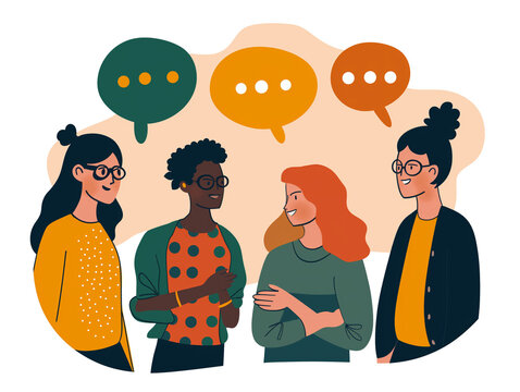 A group of women are smiling and talking to each other