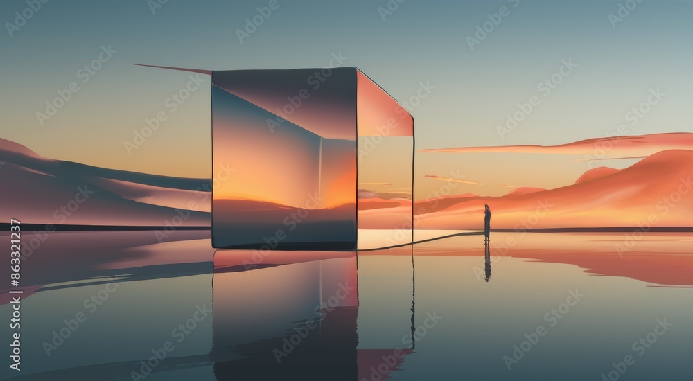 Poster a person standing in front of a large cube shaped structure, ai