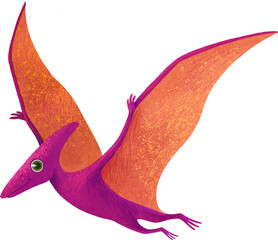 Pterodactyl cute children illustration. Purple pink pterosaur flying dinosaur with wings  © Alena Pershina