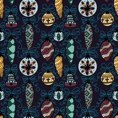Cartoon retro Christmas tree balls seamless new year ethnic ornaments pattern
